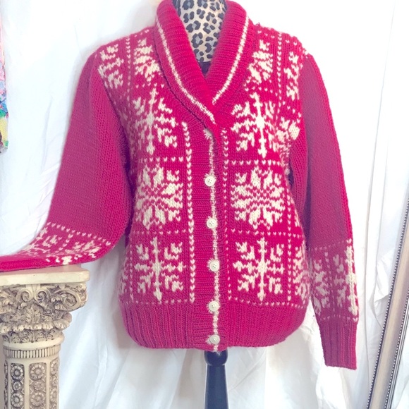 Vintage thick 80s sweater thick warm hot pink boho grammacore grandpa cardigan - Picture 1 of 11